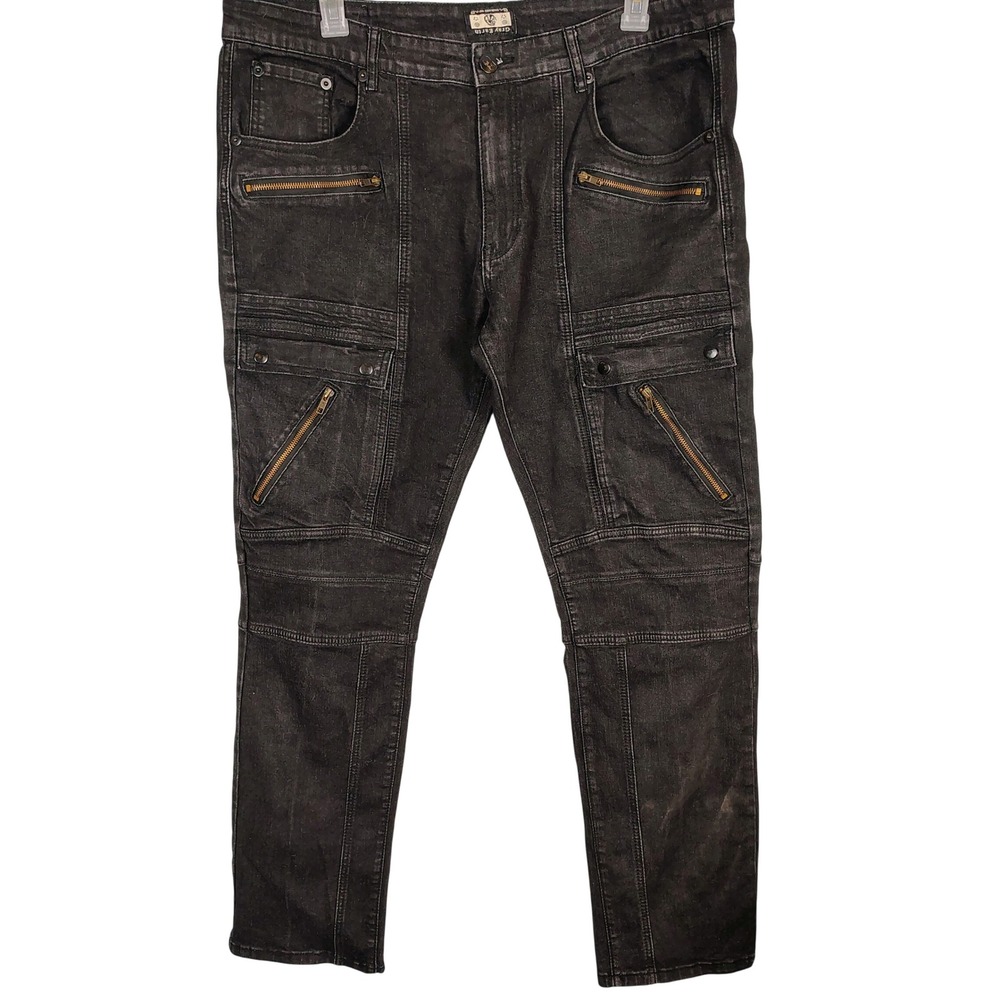Gray Earth Mens Black Moto Biker Cargo Jeans Size 40 Stretch Utility Denim